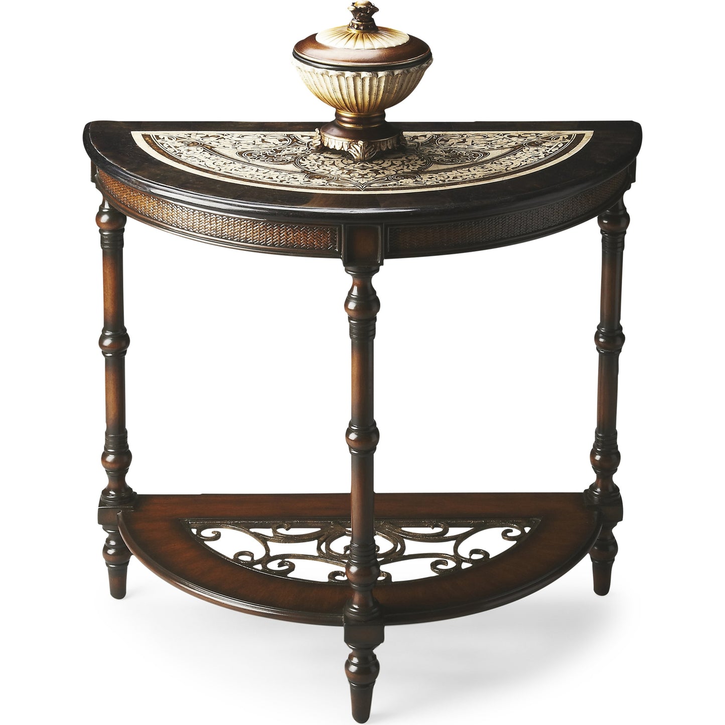 002 O-BUTLER-2970025 | Additional Silo | Fabiola Demilune Console Table by Butler Specialty Company in multi-color and metalworks. Made from wood solids, wood products, wood veneers, metal, fossil stone, penn shell in a traditional style.