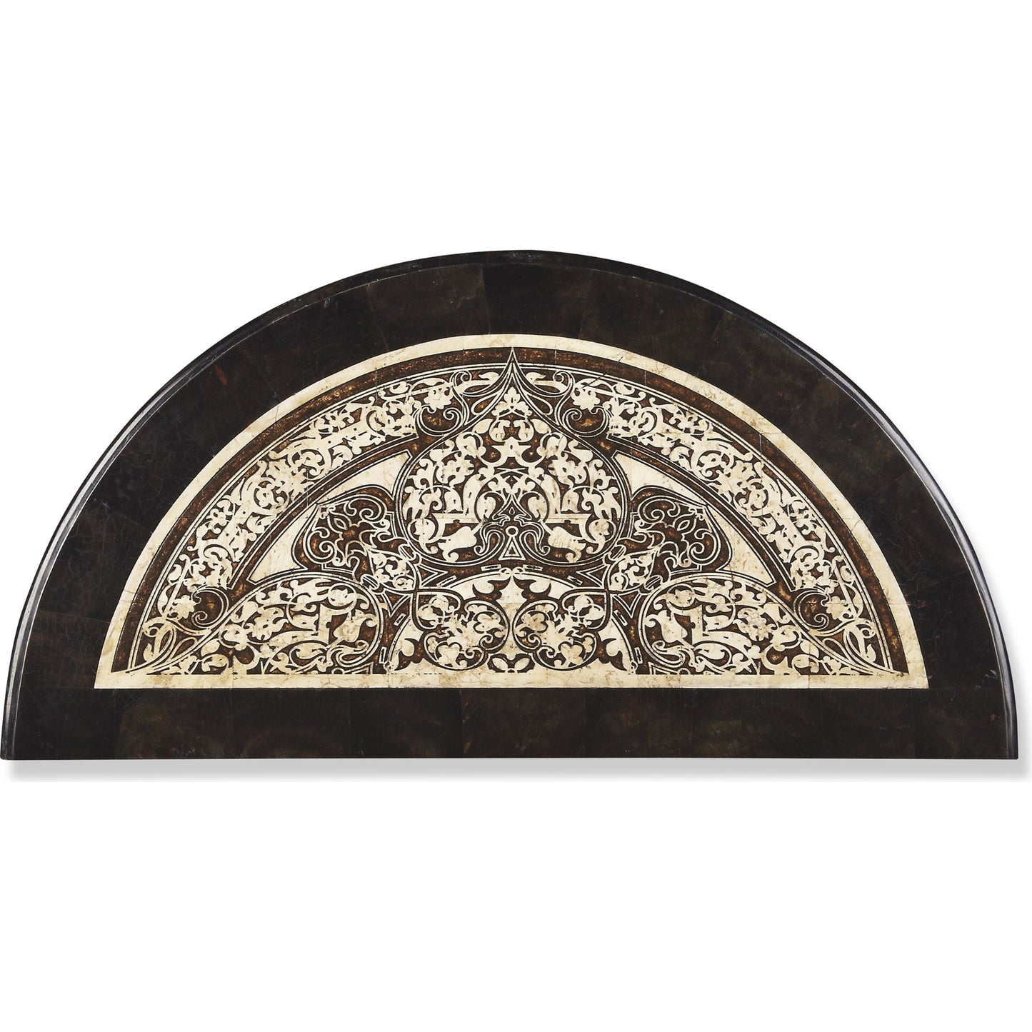 003 O-BUTLER-2970025 | Additional Silo | Fabiola Demilune Console Table by Butler Specialty Company in multi-color and metalworks. Made from wood solids, wood products, wood veneers, metal, fossil stone, penn shell in a traditional style.