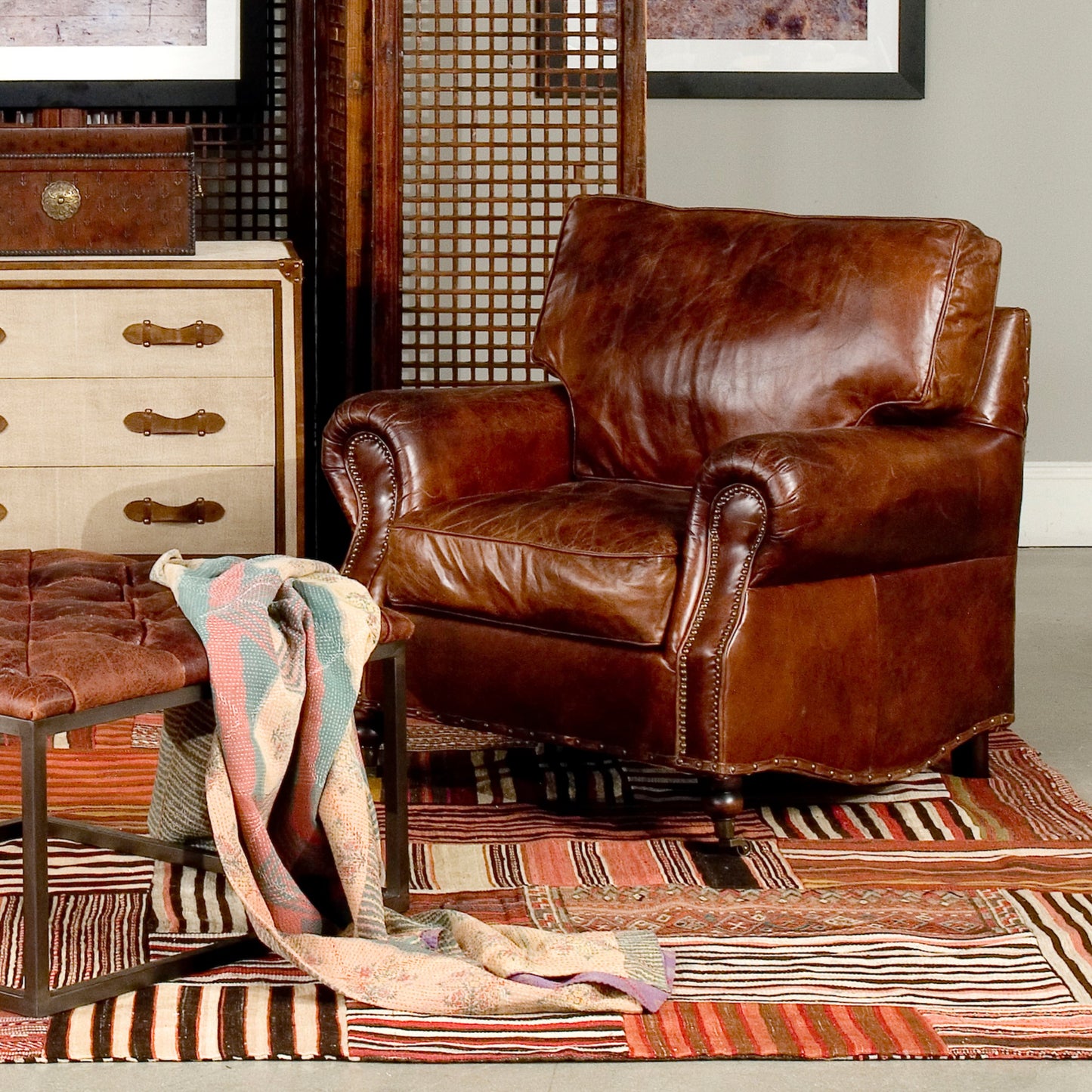 005 S-242924 | Additional Silo | Papa's Chair by Sarreid Ltd. in brown. Made from wood, leather in a traditional style.