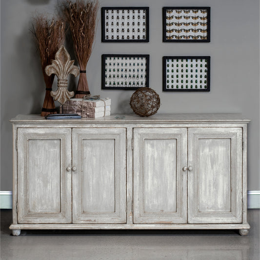 Pie Crust Cabinet by Sarreid Ltd. in grey and 4 doors 2 removable shelves. Made from pine in a cottage & farmhouse style.