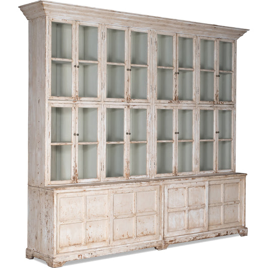 Glass Front Bookcase by Sarreid Ltd. in white and shelves 8 fixed & 2 removable. Made from pine, glass in a cottage & farmhouse style.