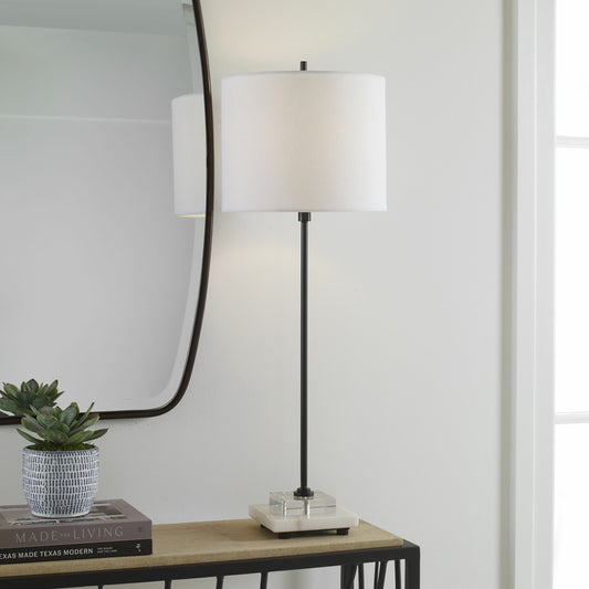 Ciara Buffet Lamp by Uttermost in satin black. Made from metal, marble, fabric, crystal in a transitional style.