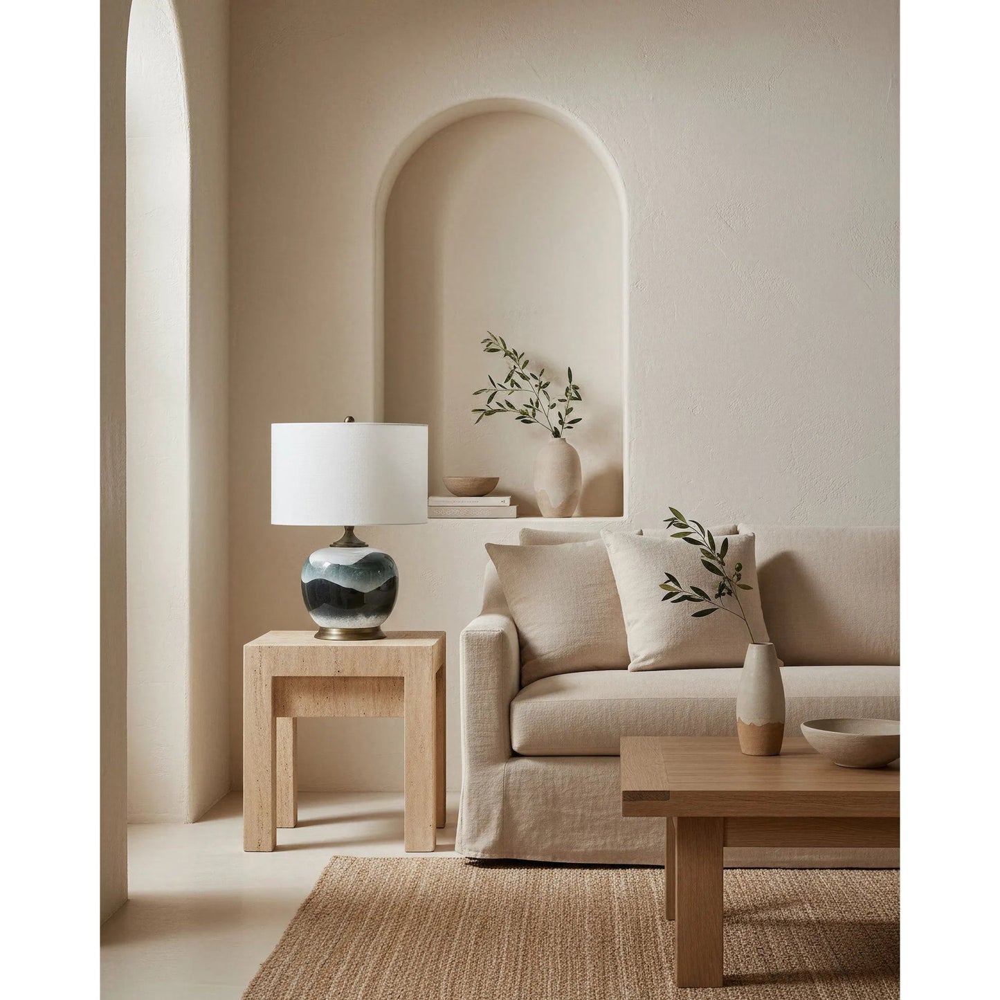 004 S-223155 | Lifestyle | Boreal Table Lamp by Currey and Company in white, green, antique brass. Made from porcelain, metal in a modern style.