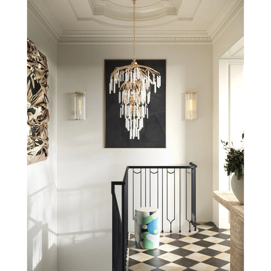 Warwick Tall Wall Sconce by Currey and Company in contemporary silver leaf, clear. Made from wrought iron, optic crystal in a modern style.