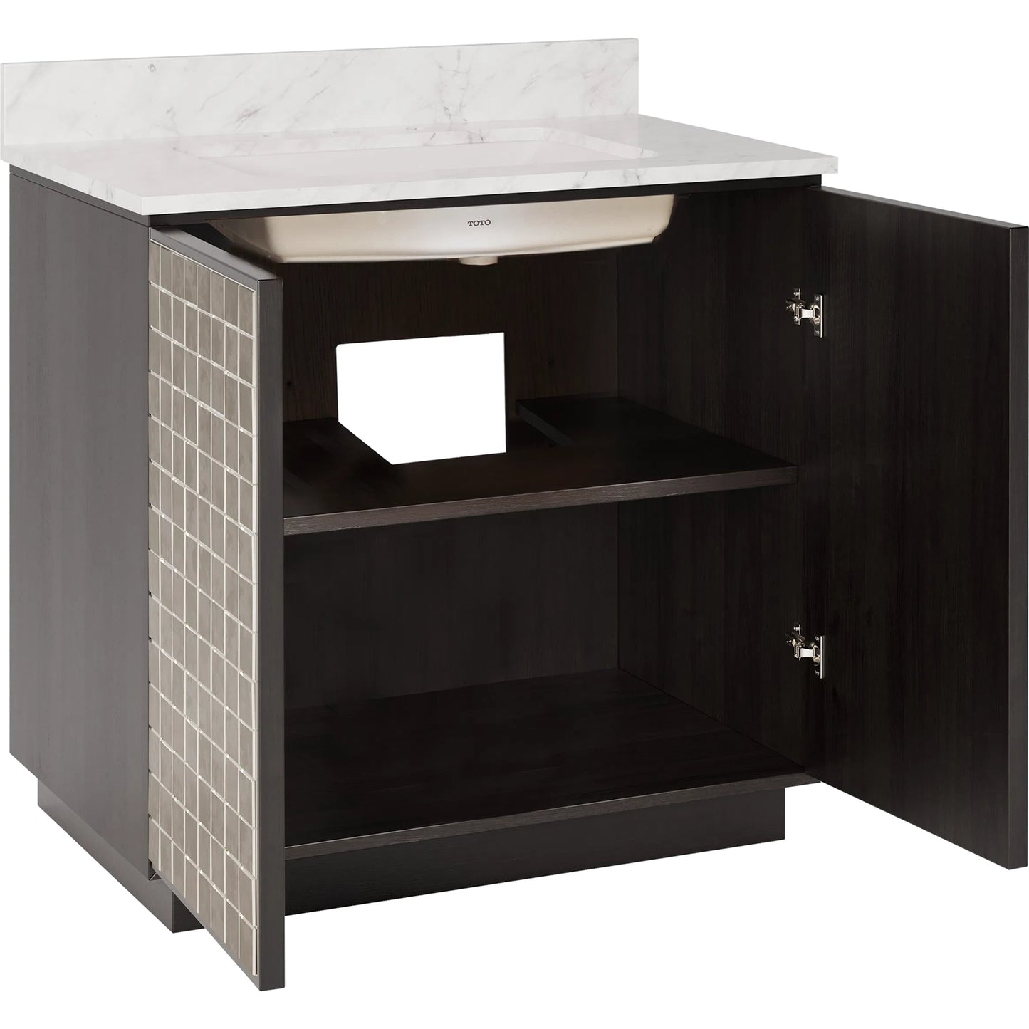 004 SI-2387100 | Additional Silo | Mosaico 36" Vanity with Undermount Sink by Currey and Company in ebony, natural, white, antique mirror. Made from mango wood, carrara marble, vitreous china, glass in a unique style.