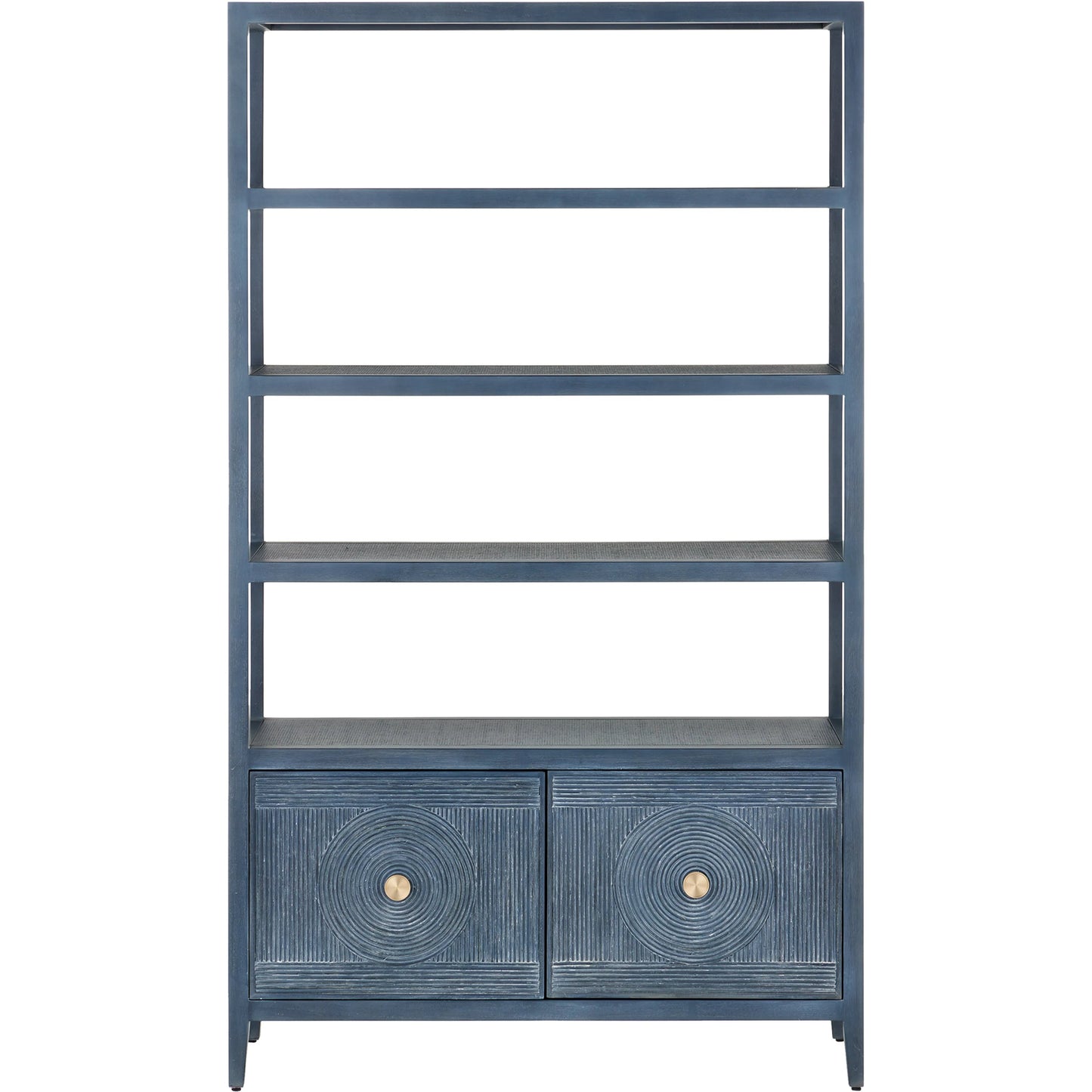 008 SI-2134072 | Additional Silo | Santos Storage Etagere by Currey and Company in vintage navy, brushed brass. Made from rattan, mahogany, grasscloth, brass in a transitional style.