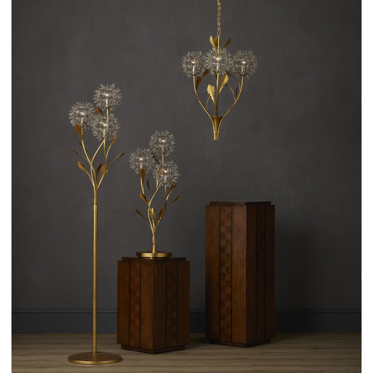Dandelion Floor Lamp by Currey and Company in contemporary silver leaf, contemporary gold leaf. Made from wrought iron in a modern style.