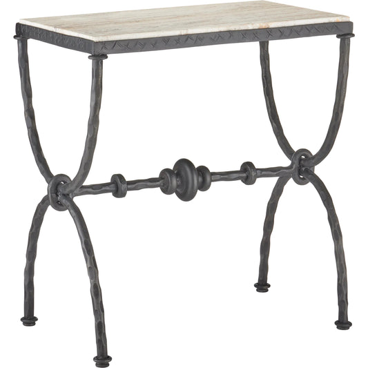 Agora Side Table by Currey and Company in natural, rustic bronze. Made from white travertine, wrought iron in a modern style.