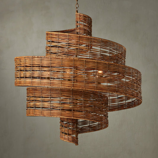 Saisei Grande Chandelier by Currey and Company in khaki, natural rattan. Made from wrought iron, rattan in a coastal style.