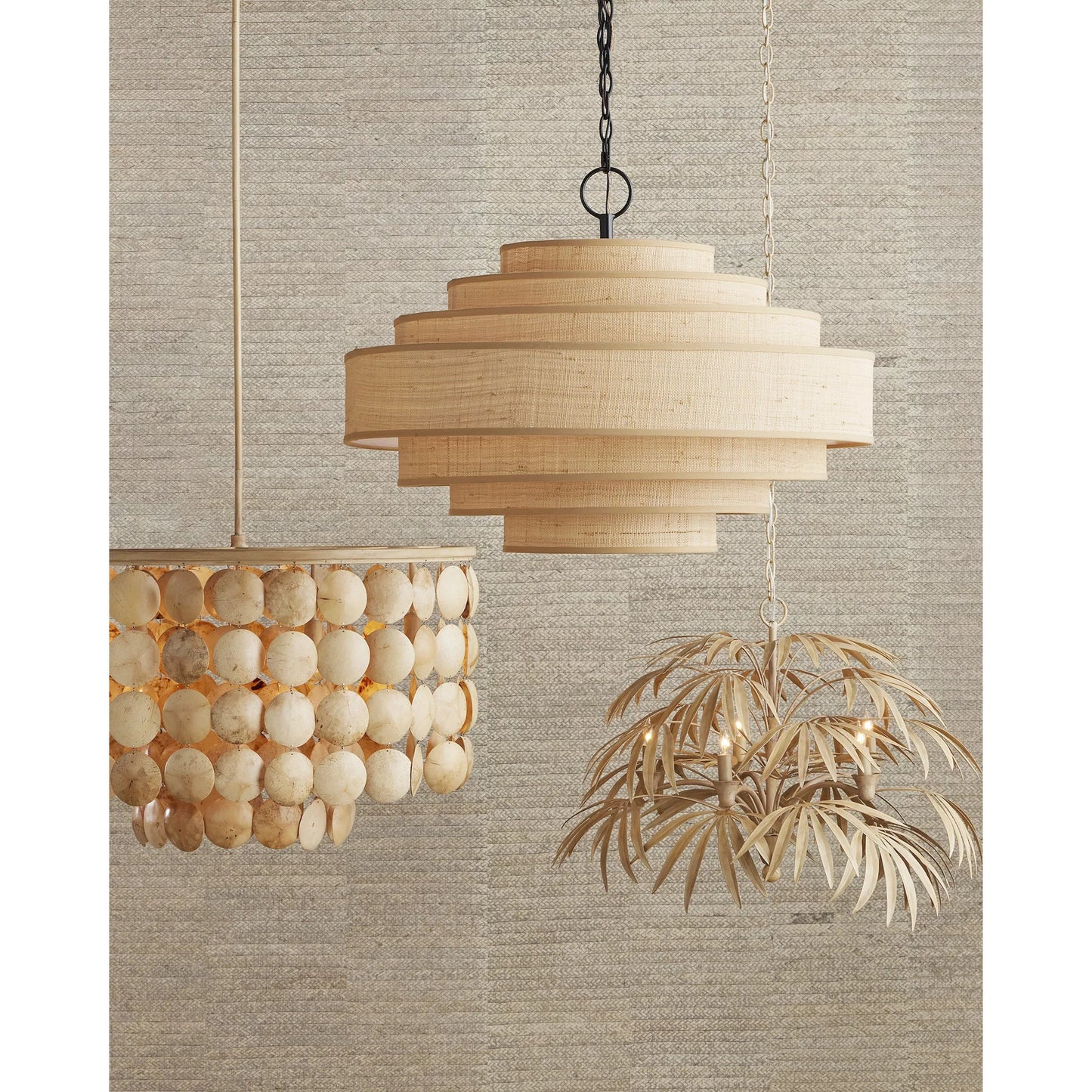 011 SI-1894214 | Lifestyle | Buko Chandelier by Currey and Company in coco cream. Made from wrought iron, coco shell in a coastal style.
