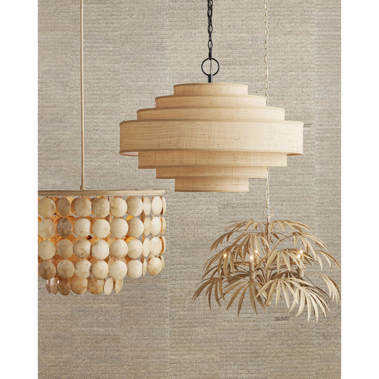 Buko Chandelier by Currey and Company in coco cream. Made from wrought iron, coco shell in a coastal style.