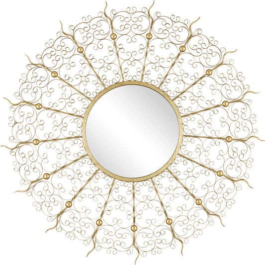 Levain Mirror by Currey and Company in gold leaf. Made from iron, glass, engineered wood in a modern style.