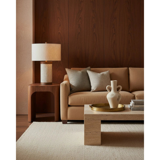 Baptiste Table Lamp by Currey and Company in ivory, brown, brushed brass. Made from wood, leather, brass in a modern style.