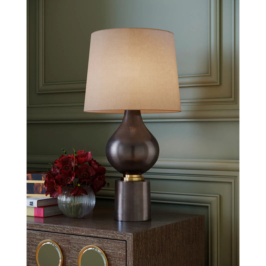 Tamerlane Table Lamp by Currey and Company in black nickel, vintage brass. Made from cast aluminum, brass in a modern style.
