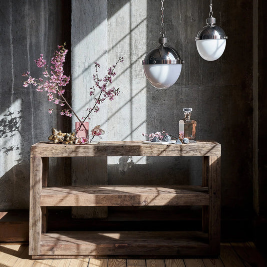 Carson Wood Console Table by Regina Andrew in brown and brown. Made from reclaimed wood in a unique style.