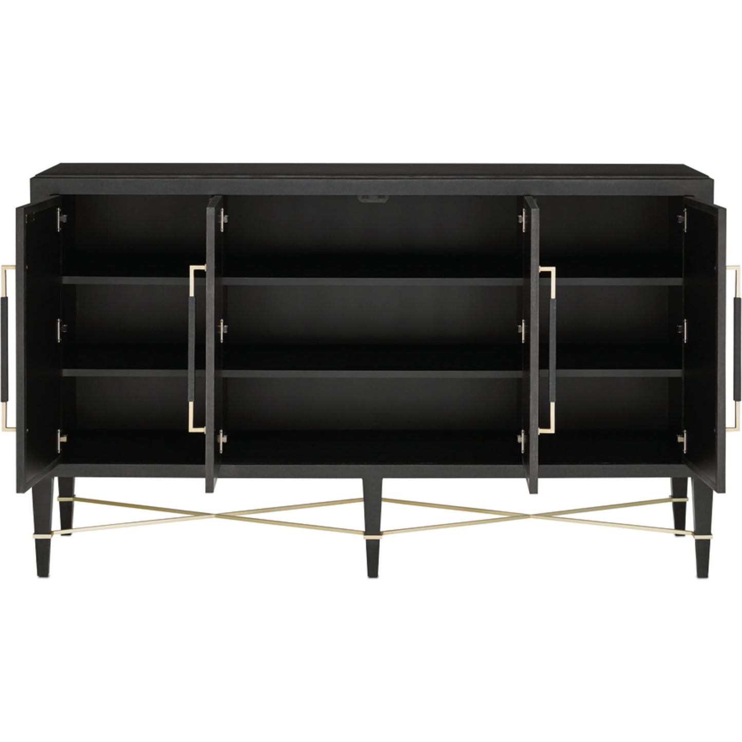 006 S-222770 | Additional Silo | Verona Sideboard by Currey and Company in black lacquered linen, champagne stretchers, linen wrapped cha. Made from solid wood, engineered hardwood in a transitional style.