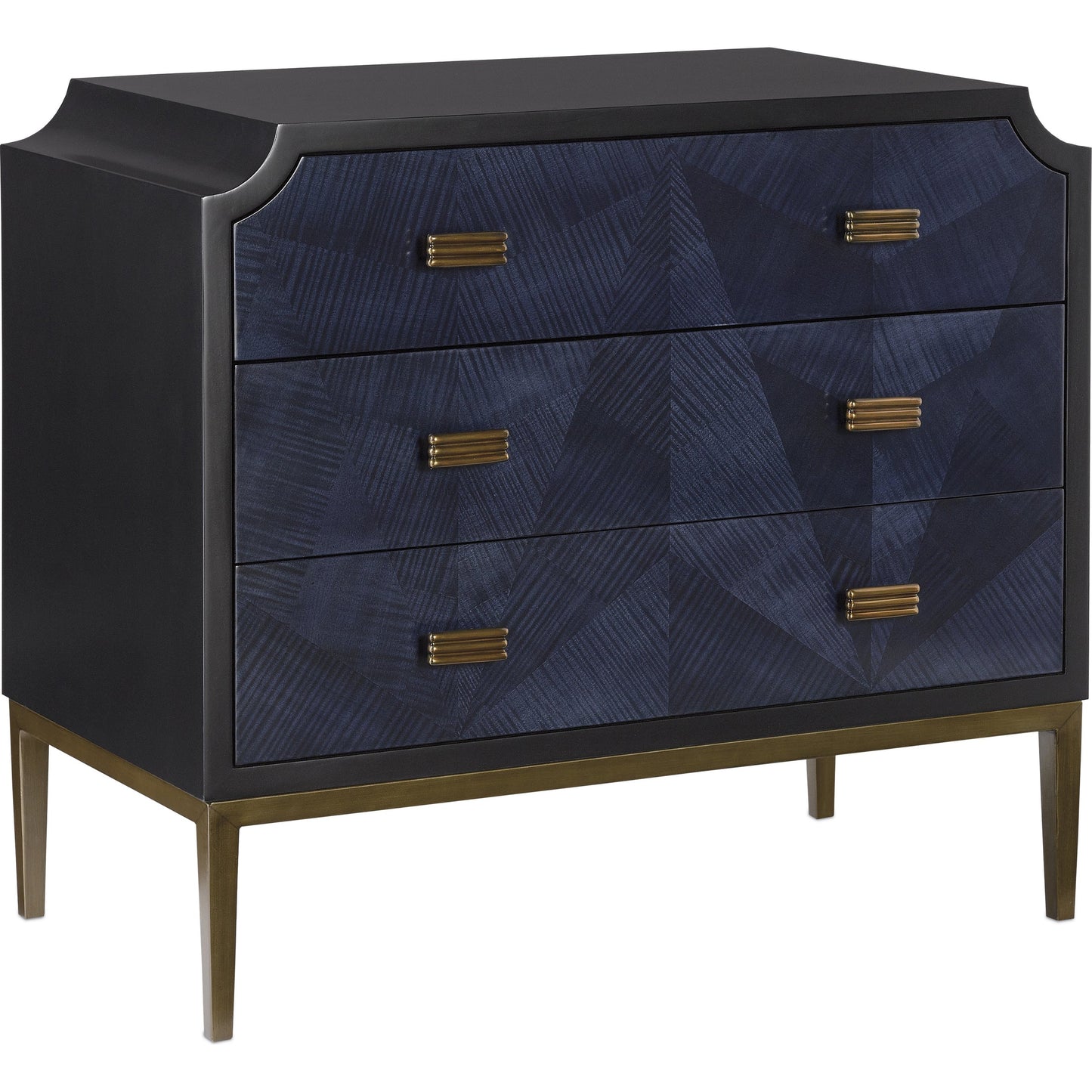 001 S-336174 | Primary Silo | Kallista Chest by Currey and Company in dark sapphire, caviar black, antique brass. Made from sycamore veneer, mahogany, engineered hardwood, brass, iron in a traditional style.