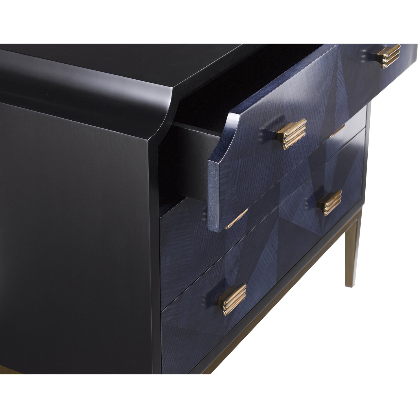 005 S-336174 | Additional Silo | Kallista Chest by Currey and Company in dark sapphire, caviar black, antique brass. Made from sycamore veneer, mahogany, engineered hardwood, brass, iron in a traditional style.