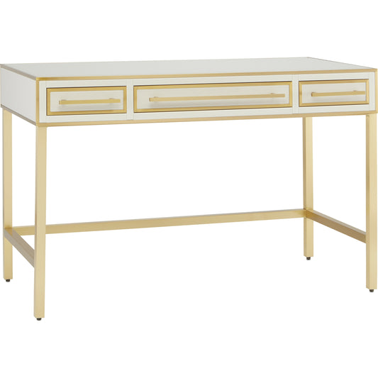 Arden Vanity by Currey and Company in ivory, satin brass, gray. Made from reverse painted glass, brass, solid hardwood, faux suede in a transitional style.