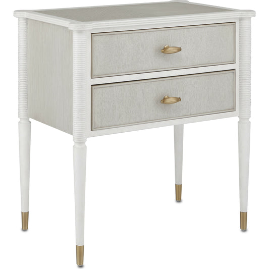001 SI-1894171 | Primary Silo | Aster Nightstand by Currey and Company in off white, fog, brass. Made from mahogany, oak, brass in a transitional style.