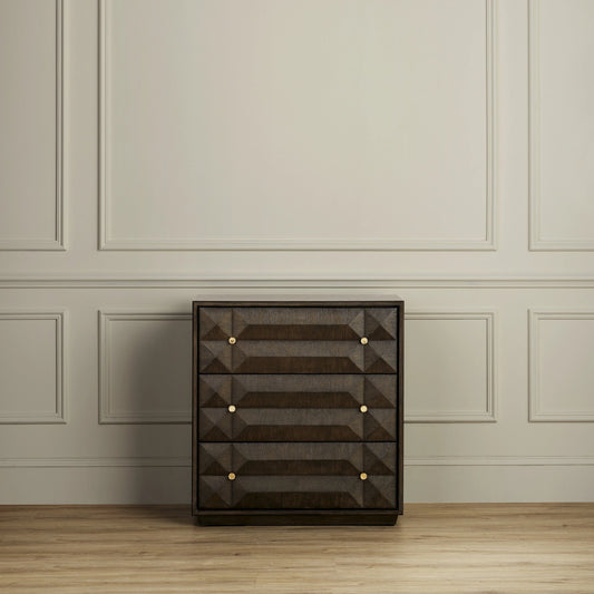 Kendall Chest by Currey and Company in dove gray, polished brass. Made from oak solids, veneers, brass in a transitional style.