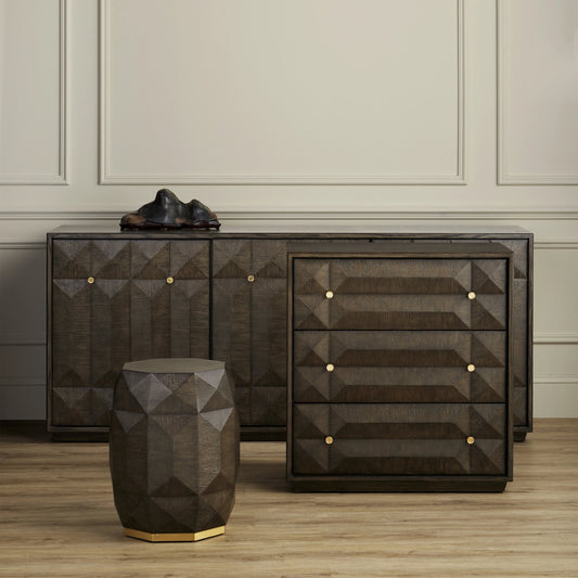 Kendall Chest by Currey and Company in dove gray, polished brass. Made from oak solids, veneers, brass in a transitional style.