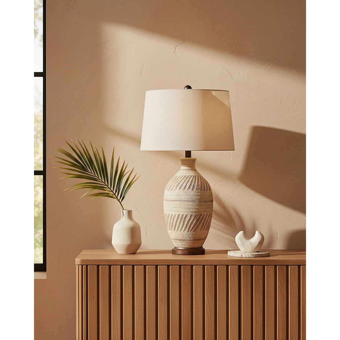 006 S-223134 | Lifestyle | Faiyum Table Lamp by Currey and Company in tan, brown, hand-rubbed bronze. Made from terracotta, wood in a coastal style.