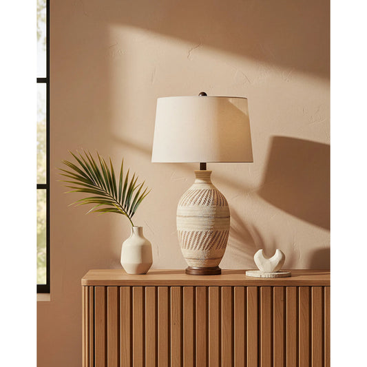 Faiyum Table Lamp by Currey and Company in tan, brown, hand-rubbed bronze. Made from terracotta, wood in a coastal style.