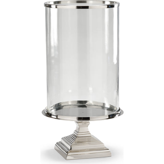 Square Base Hurricane by Wildwood in polished nickel, clear. Made from cast alloy, glass in a traditional style.