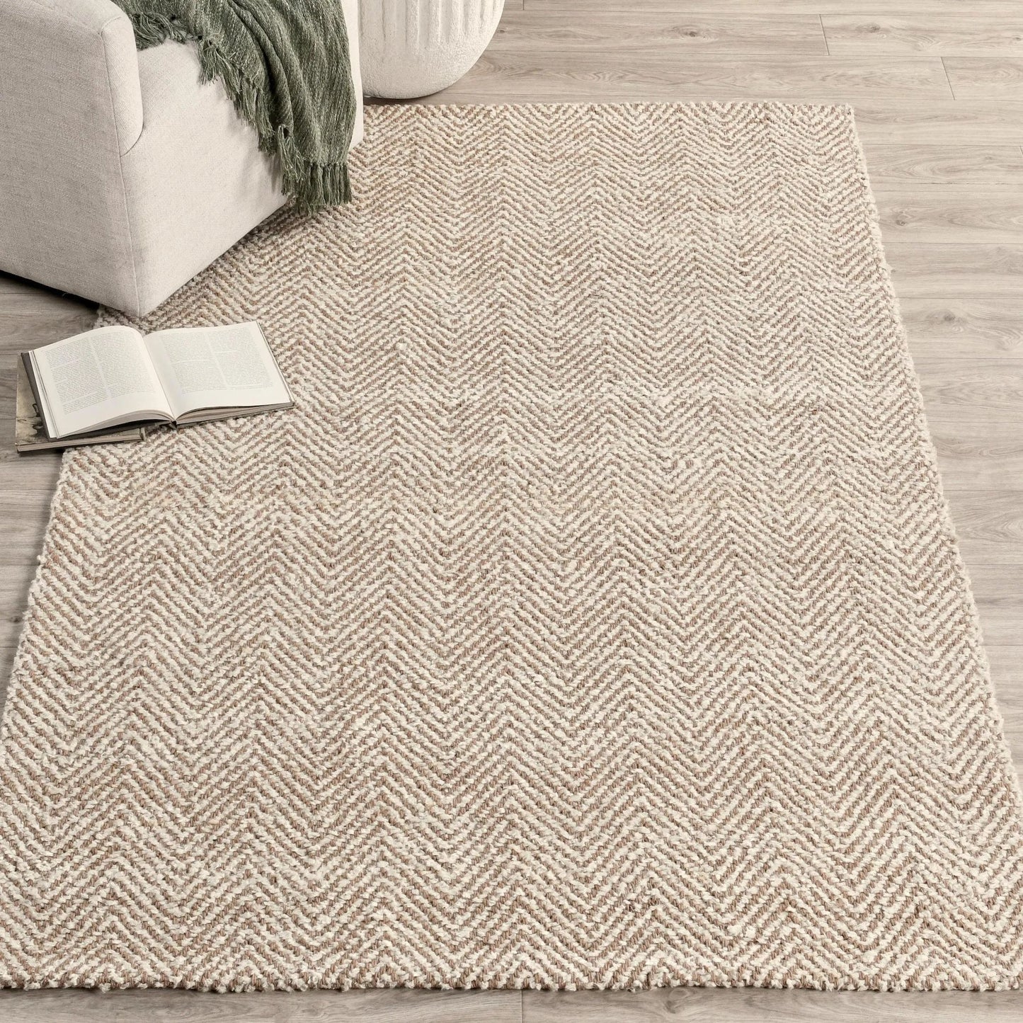 009 SI-2243117 | Lifestyle | Herringbone Area Accent Rug by Villa by Classic Home in ivory. Made from 75% wool, 25% jute, cotton canvas backing for size 5x8, larger in a unique style.