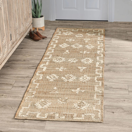 Reposa Accent Rug by Villa by Classic Home in natural, ivory. Made from 50% jute, 40% wool, 10% cotton in a unique style.