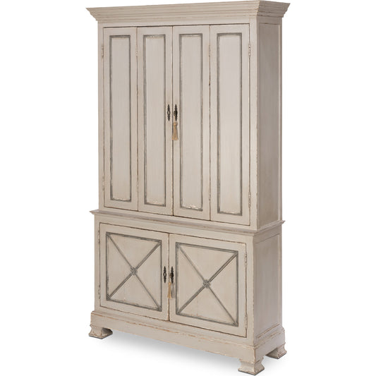 Painted Directoire Style Cupboard by Sarreid Ltd. in gray and bi fold top doors 3 removable shlv. Made from recycled pine in a cottage & farmhouse style.