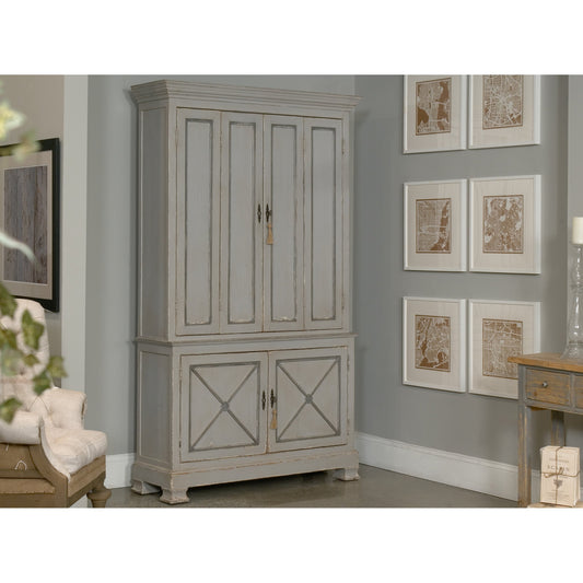 Painted Directoire Style Cupboard by Sarreid Ltd. in gray and bi fold top doors 3 removable shlv. Made from recycled pine in a cottage & farmhouse style.