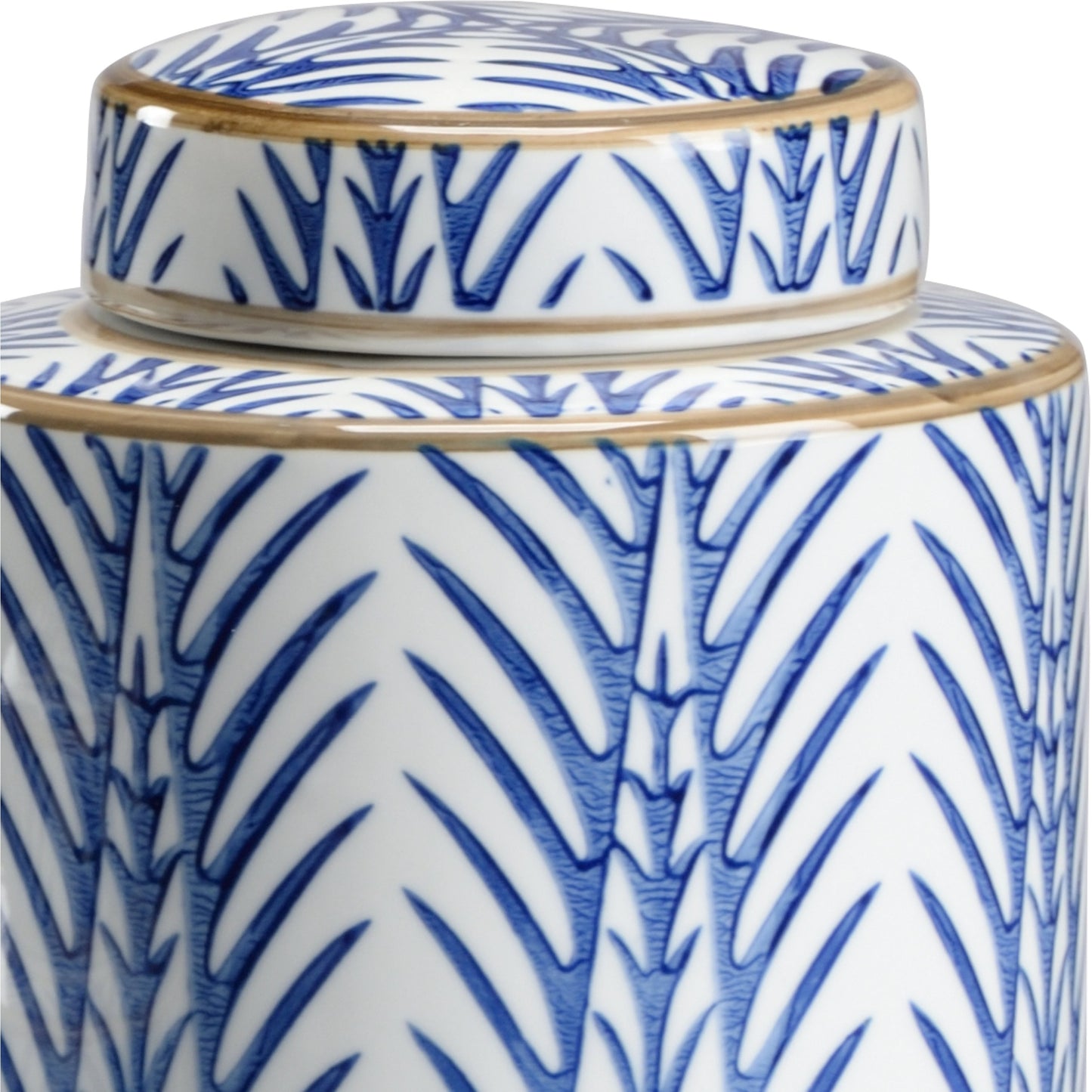 002 SR-384862 | Closeup | Blue Fronds Canisters by Wildwood in blue, white glaze. Made from porcelain in a eclectic & global style.
