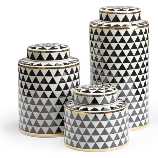 Triad Canisters by Wildwood in black, white, gold glaze. Made from porcelain in a modern style.