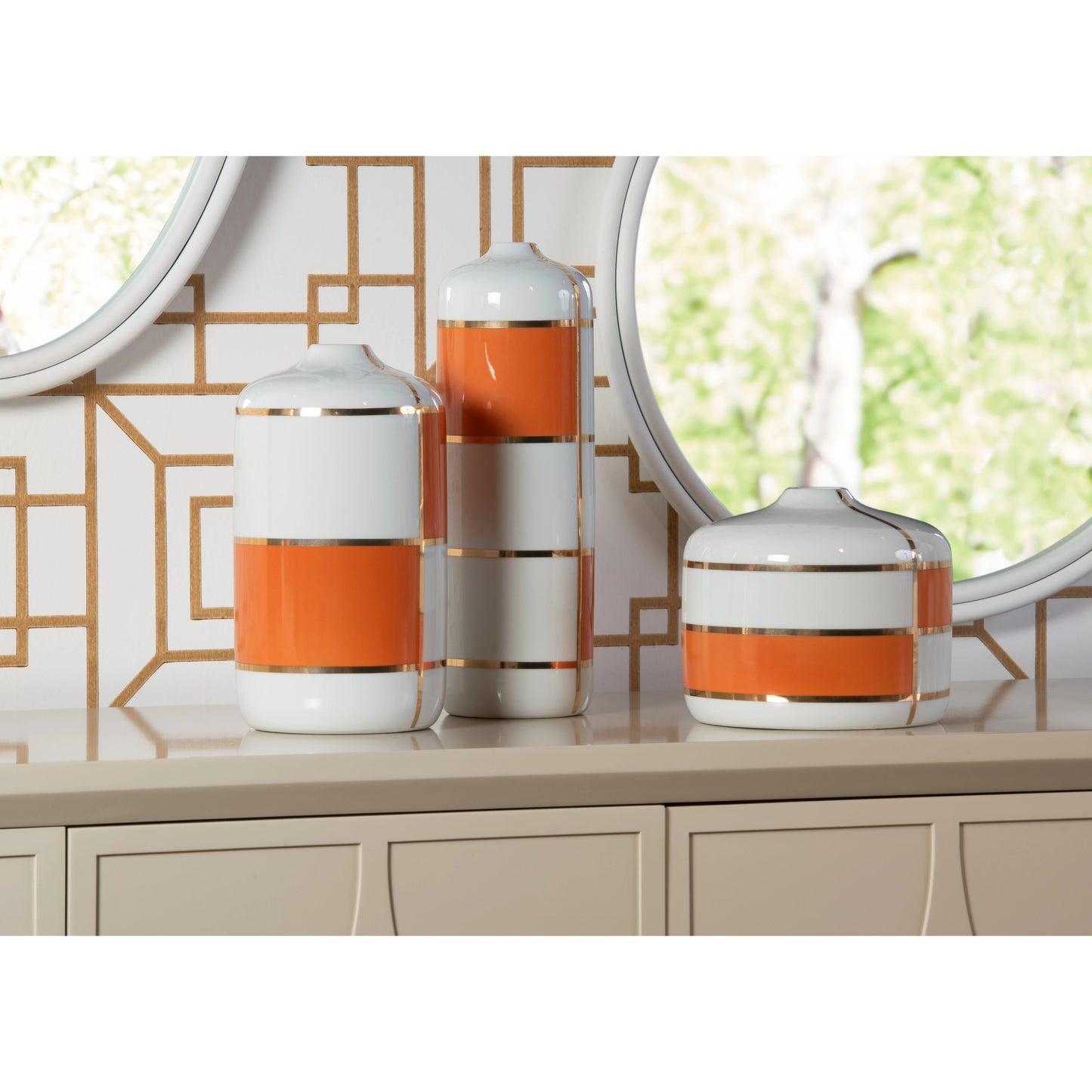 005 SR-782767 | Lifestyle | Massaro Canisters by Wildwood in orange decal, gold, white glaze. Made from ceramic in a eclectic & global style.