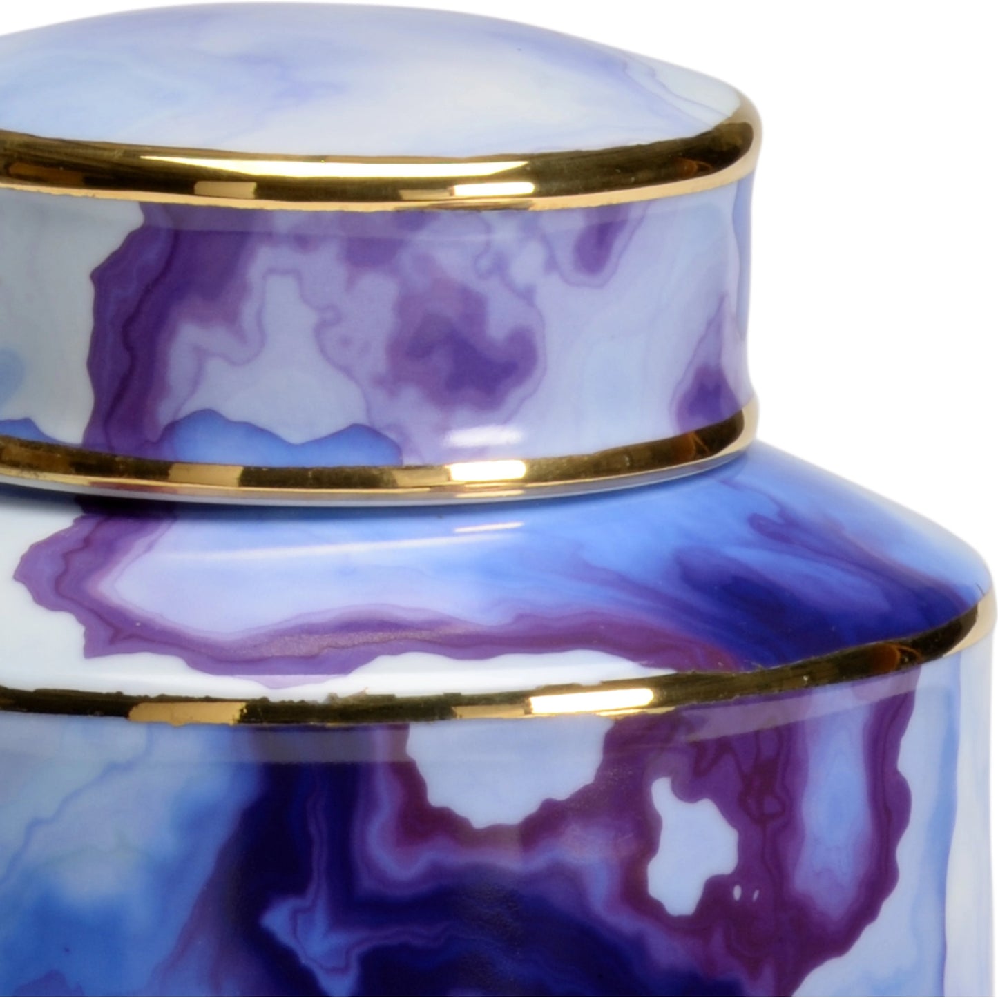 002 SR-782672 | Closeup | Azul Pool Canister by Wildwood in blue, white decal, gold. Made from ceramic in a coastal style.