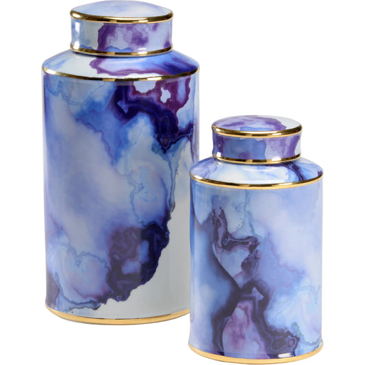 Azul Pool Canister by Wildwood in blue, white decal, gold. Made from ceramic in a coastal style.