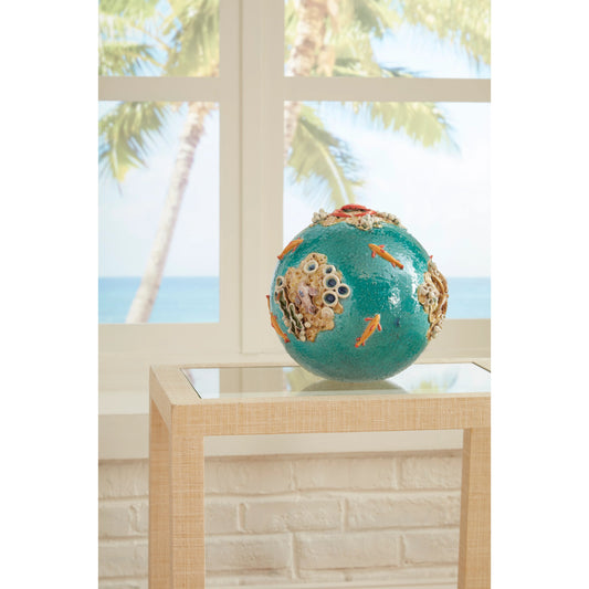Sea Sphere by Wildwood in hand sculpted, multi color glazes. Made from ceramic in a coastal style.