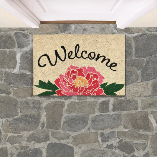 Peony Welcome Doormat by Villa by Classic Home in sand. Made from 100% coir in a unique style.