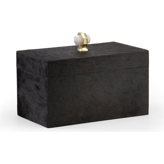 000 SR-837195 | Primary Silo | Hyde Lodge Box by Wildwood in black, natural white, anitque. Made from hair on hide, quartz, brass in a transitional style.