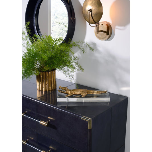 Croc of Brass by Wildwood in anituqe brass, clear. Made from aluminum, acrylic in a coastal style.