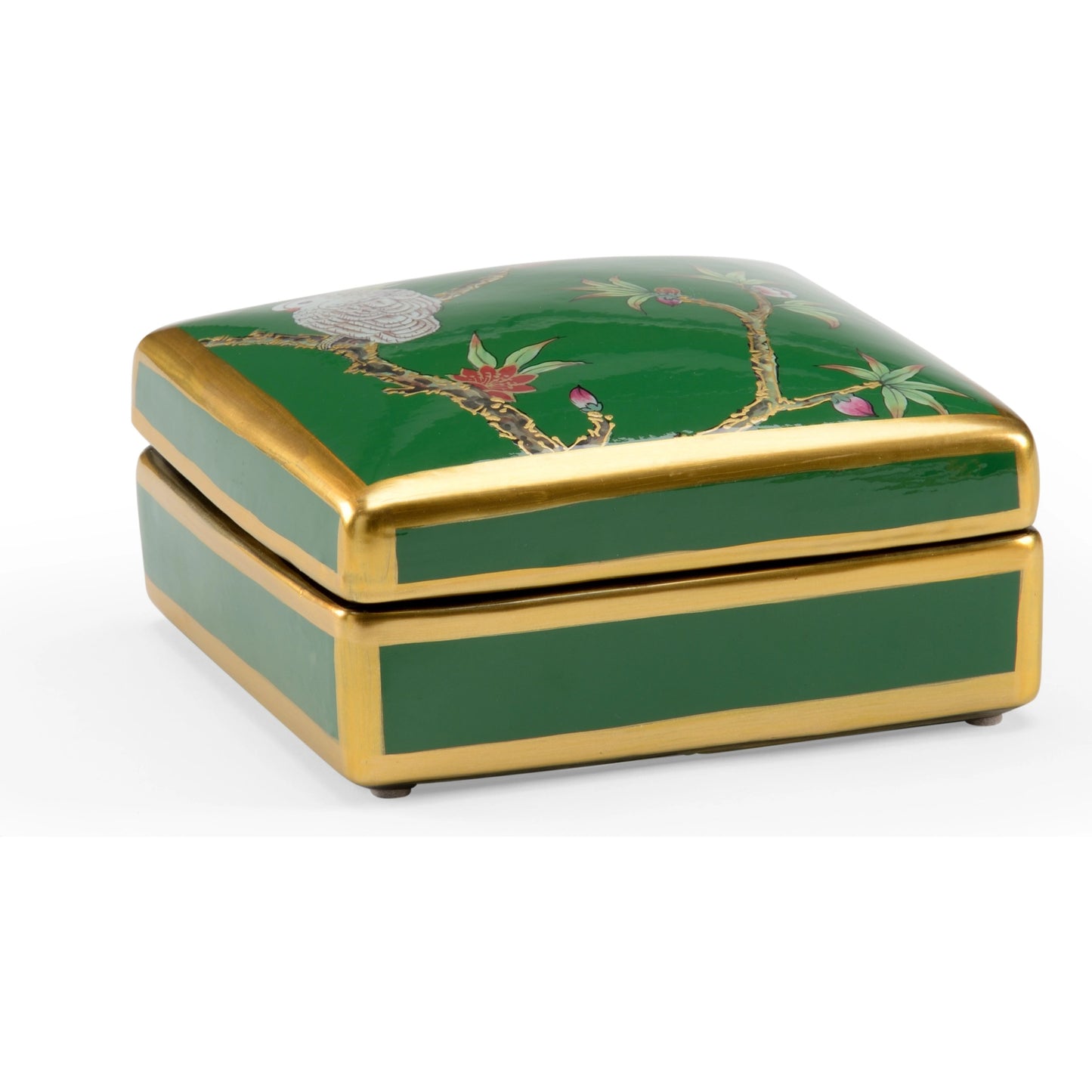 002 SI-2104848 | Additional Silo | Polly Davis Box by Wildwood in green glaze, metallic gold, hand painted. Made from ceramic in a transitional style.