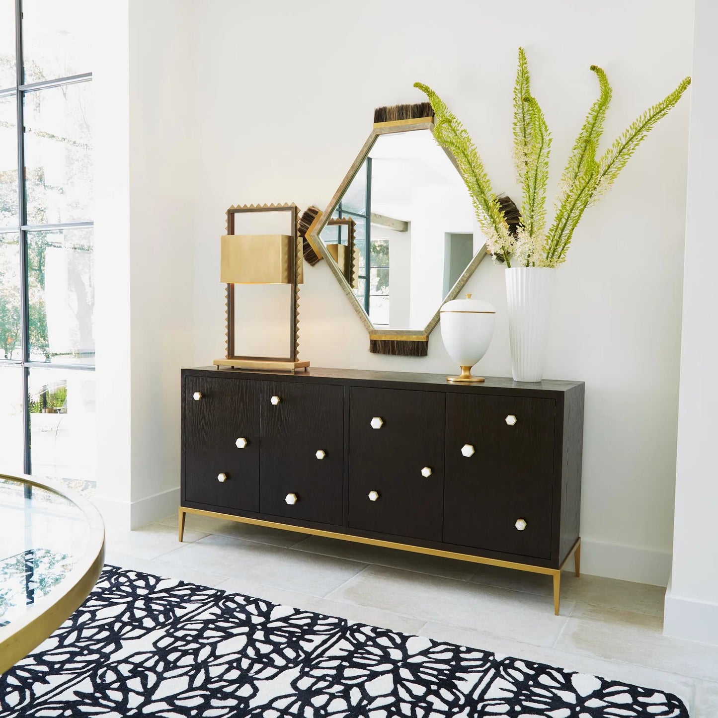 001 SI-2446449 | Lifestyle | Harrington Mirror by Global Views in graphite leather. Made from mdf, brass, horse hair, mirror, leather cladding in a traditional style.