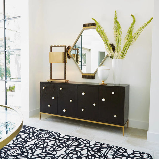 Harrington Mirror by Global Views in graphite leather. Made from mdf, brass, horse hair, mirror, leather cladding in a traditional style.