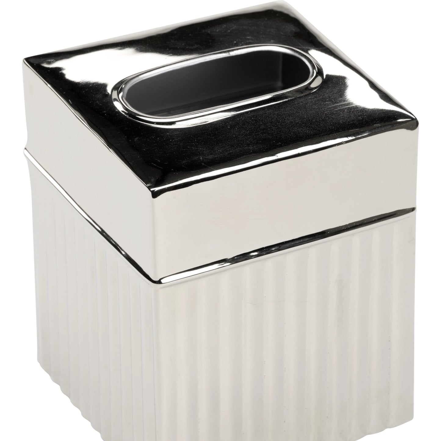 005 SI-2104951 | Closeup | Wallace Tissue Box by Wildwood in polished nickel. Made from aluminum in a modern style.