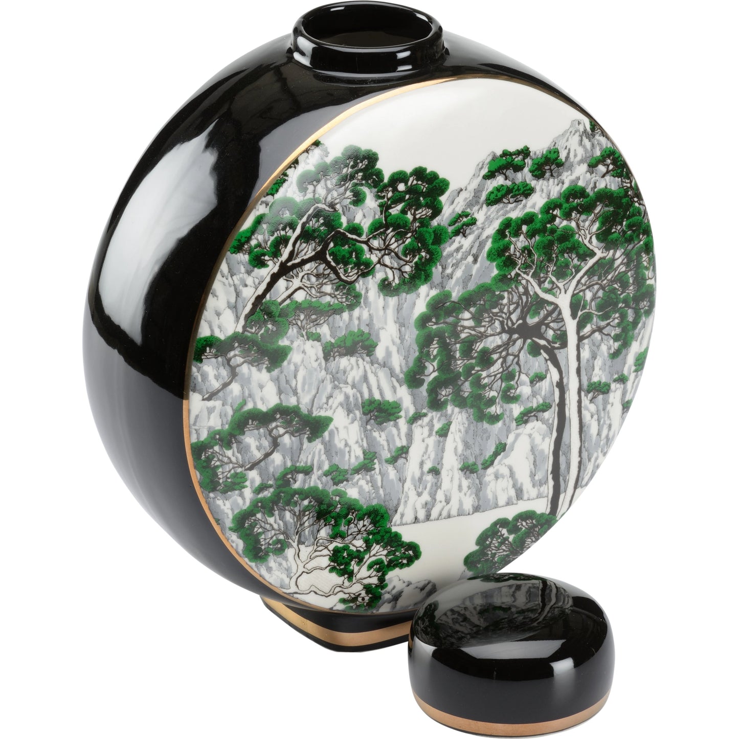 005 SI-2105046 | Additional Silo | Matsu Vase by Wildwood in black, white glaze, green decal, gold. Made from porcelain in a transitional style.