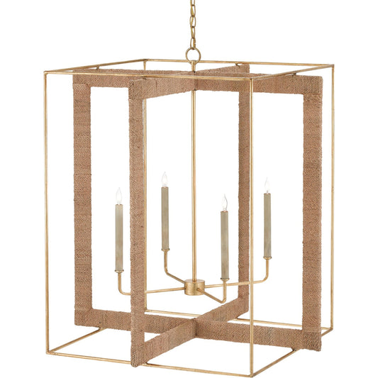 Purebred Chandelier by Currey and Company in contemporary gold leaf, natural abaca. Made from wrought iron, rope in a modern style.