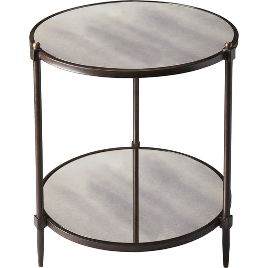 Peninsula Side Table by Butler Specialty Company in gray and metalworks. Made from tubular steel, mirrored glass in a modern style.