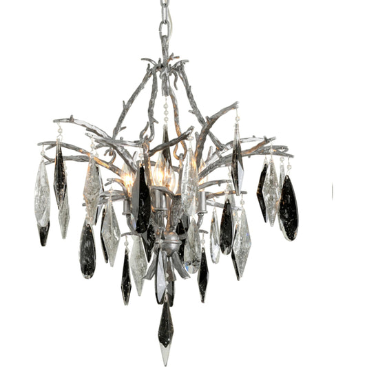 Nera Chandelier by Corbett in blackened silver leaf. Made from hand crafted iron in a unique style.